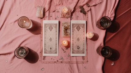 Pink Tarot and Oracle Card Backs on Pink Pastel Backgrounds in a FlatLay Spread with Healing Crystals, Stones, and Candles for a Reading and Divination - Generative AI