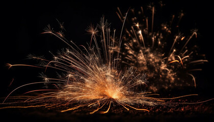 Glowing firework display illuminates dark summer night generated by AI