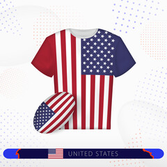 USA rugby jersey with rugby ball of USA on abstract sport background.