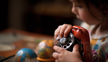 Smiling girl learning technology, holding mobile phone generated by AI