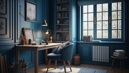 Scandinavian interior style study room with laptop and desk. Generative AI