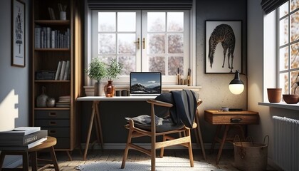 Fototapeta na wymiar Scandinavian interior style study room with laptop and desk. Generative AI