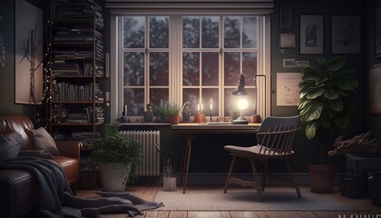 Scandinavian interior style study room with laptop and desk. Generative AI