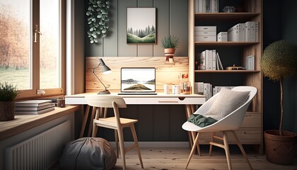Scandinavian interior style study room with laptop and desk. Generative AI