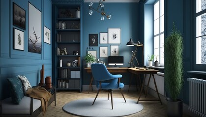 Scandinavian interior style study room with laptop and desk. Generative AI