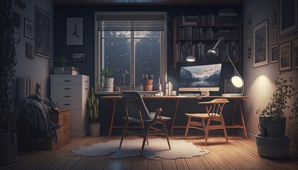 Scandinavian interior style study room with laptop and desk. Generative AI