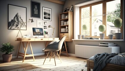 Scandinavian interior style study room with laptop and desk. Generative AI