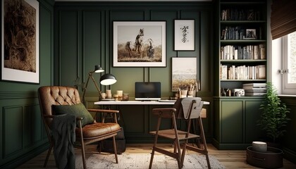 Scandinavian interior style study room with laptop and desk. Generative AI