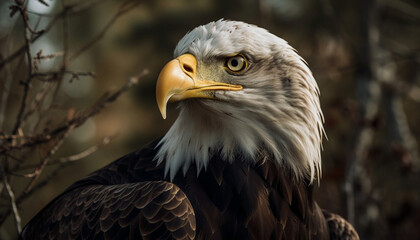 Obraz premium Majestic bald eagle perching on branch outdoors generated by AI