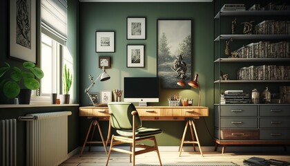 Scandinavian interior style study room with laptop and desk. Generative AI