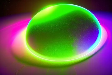 Neon 3D image of a large disco ball, with an led ring similar to a Saturn ring around it - generative ai