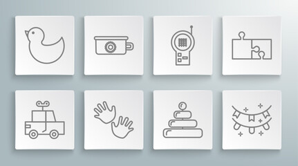 Fototapeta na wymiar Set line Toy car, Baby potty, hands print, Pyramid toy, Carnival garland with flags, Monitor Walkie Talkie, Piece of puzzle and Rubber duck icon. Vector