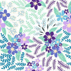 Fototapeta na wymiar Fantasy seamless floral pattern with blue, azure, tsman, lavender flowers and leaves. Elegant template for fashion