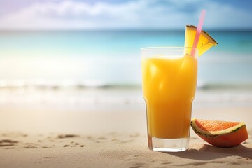 Tropical summer beach background with fresh cocktail. Ai generative.