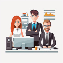 A group of business professionals, illustrated in a simplified cartoon-like style, are working together as a team on various tasks in a busy office environment. . Generative AI