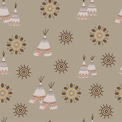 Hand-drawn cute seamless pattern with teepee tents. Traditional native conical tent with ornaments.  © Tanya