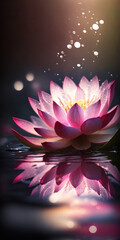 A stunning pink lotus flower glows on the water's surface, radiating a magical aura with its shiny and luminous petals. . Generative AI