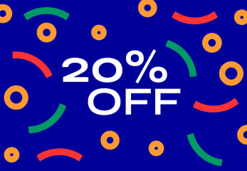 20% off exhibition banner with geometric shapes in blue and yellow colors