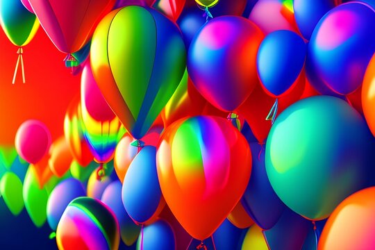 Intricately bright image of rainbow-colored and neon-lit balloons - generative ai
