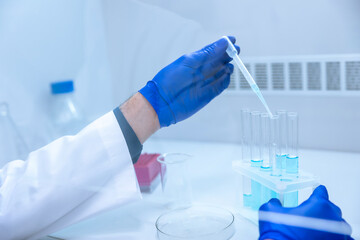 Scientist hands with dropper or pipette, examining samples and liquid.