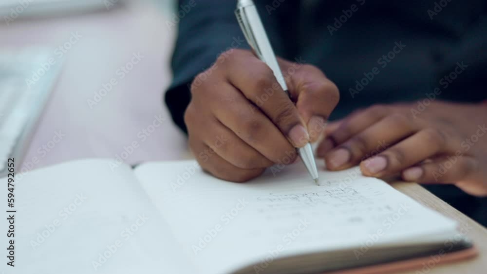 Poster businessman, typing and hands writing in planning for reminder, task or schedule in diary or book on