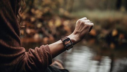 Young adults jog through autumn forest with technology generated by AI