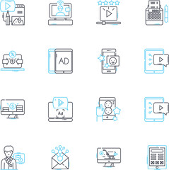 Social media management linear icons set. Engagement, Analytics, Strategy, Content, Metrics, Branding, Influencers line vector and concept signs. Campaigns,Viral,Targeting outline illustrations