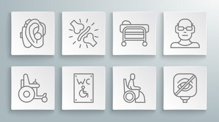 Set line Electric wheelchair, Joint pain, knee pain, Separated toilet for disabled, Woman, Blindness, Stretcher, Poor eyesight and Hearing aid icon. Vector