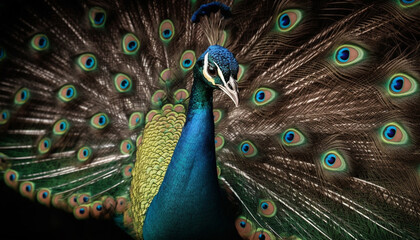 Obraz premium Male peacock dances with vibrant multi colored tail generated by AI