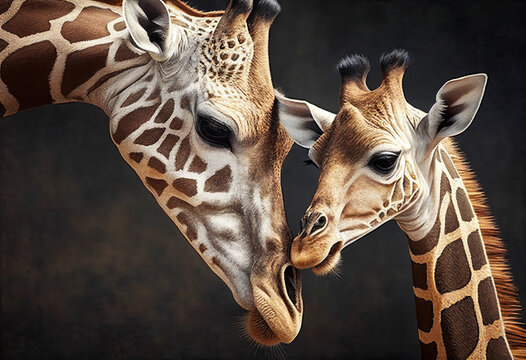 Giraffe and Her Baby Close Up. AI generative 
