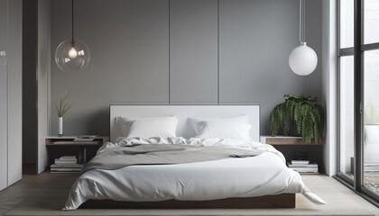 Comfortable, modern bedroom with luxury bedding and lighting generated by AI
