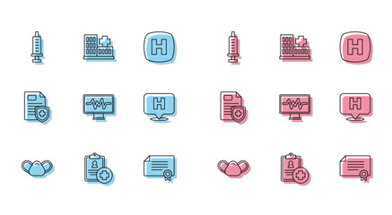 Set line Medical protective mask, Patient record, Syringe, Certificate template, Monitor with cardiogram, Location hospital, and Hospital building icon. Vector