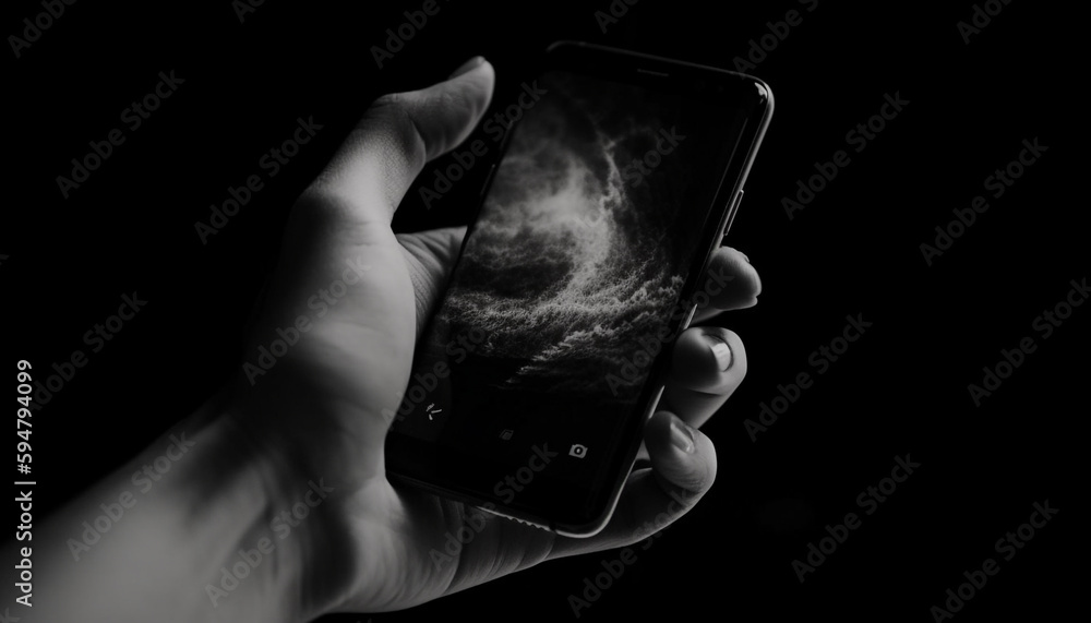 Poster hand holding smart phone showing digital display generated by ai