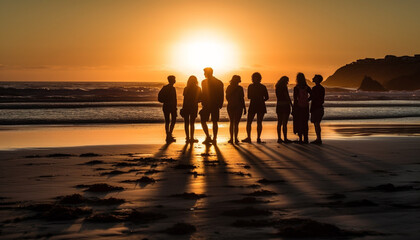 Silhouettes of friends enjoying beach activities together generated by AI