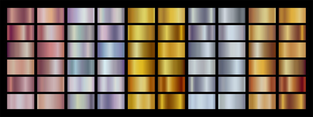 Gradient vector set. Silver, gold, bronze, rose gold, neon gradients. Steel Metal background templates. Foil texture EPS10