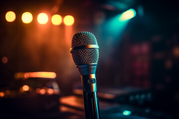 Microphone in front of a stage with a blurred background