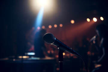 Microphone in front of a stage with a blurred background
