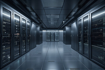 Fototapeta premium A server room with a large amount of servers in it.