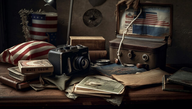 Antique camera and books A nostalgic still life generated by AI