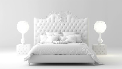 Elegant bedroom with a luxurious white canopy bed, adorned pillows, and intricate designs, offering tranquility, comfort, and sophisticated relaxation. Generative AI