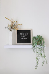 Per my last email lettering on a black and tan letter board sitting on a floating shelf with plants. modern home decor 
