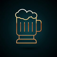 Gold line Wooden beer mug icon isolated on dark blue background. Vector