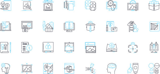 Creative agency linear icons set. Imagination, Innovation, Creativity, Design, Ideation, Inspiration, Artistry line vector and concept signs. Originality,Conceptualization,Brainstorming outline