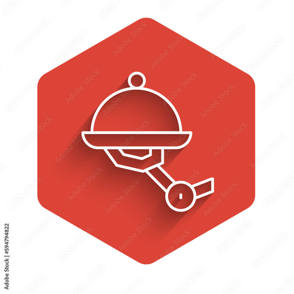 Poster white line waiter robot with covered plate icon isolated with long shadow. artificial intelligence, 