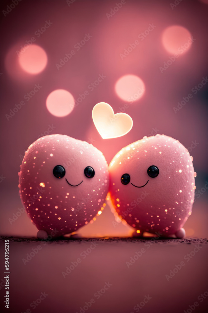 Wall mural two adorable hearts, side by side, stand out on a soft pink bokeh background. the playful bokeh adds