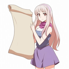 An anime-style girl stands against a large blank sheet of paper. High quality illustration