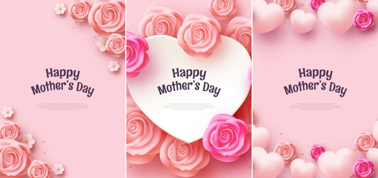 Mothers day design set, with beautiful pink flowers illustration, 3d vector illustration. Premium design for poster, banner, greeting and celebration.