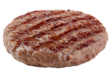 grilled hamburger meat isolated on white background, full depth of field