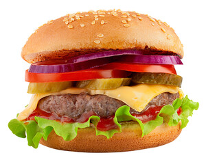 delicious fast food, burger, hamburger, cheeseburger, isolated on white background, full depth of field