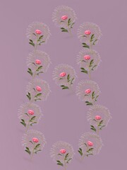 Flower pattern with dandelions on a purple background in the form of an eight, 3d rendering